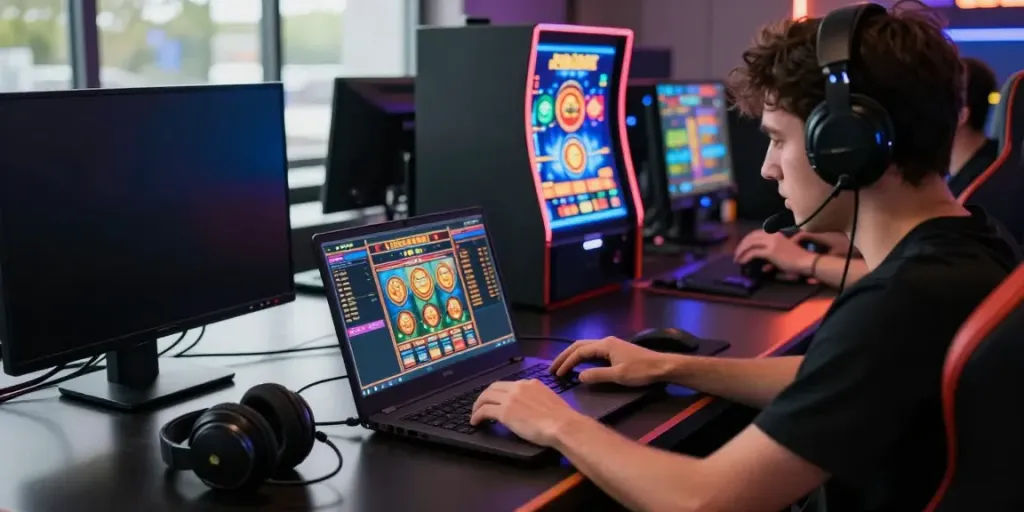 Player immersed in qqmacan slot game on a modern gaming setup showing vibrant visuals.
