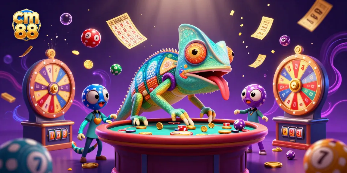 Experience the excitement of cm 88 casino with vibrant games, animated chameleon, and dazzling prizes around.