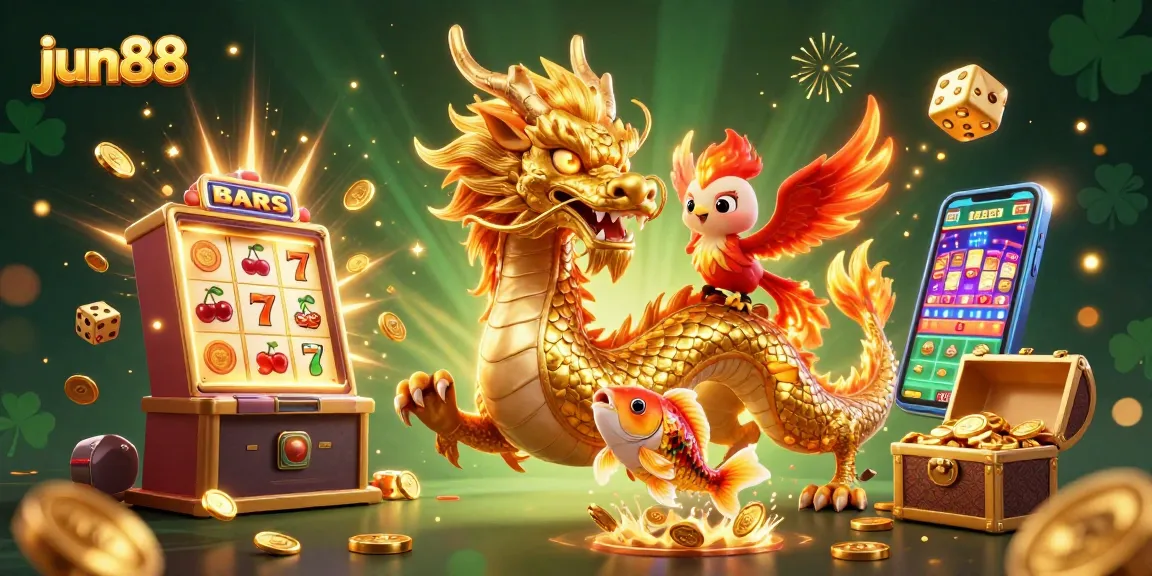 Experience the excitement of jun88 with a vibrant 3D dragon and casino icons bursting with action.