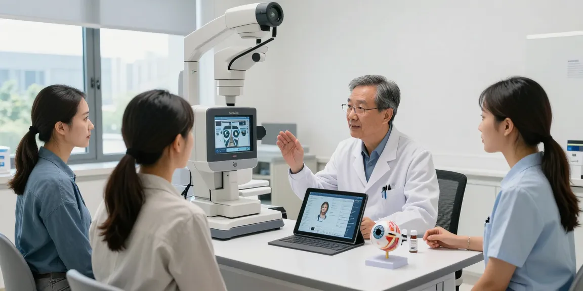 Patient consulting on vision correction treatment with a specialist in a modern eye clinic setting.
