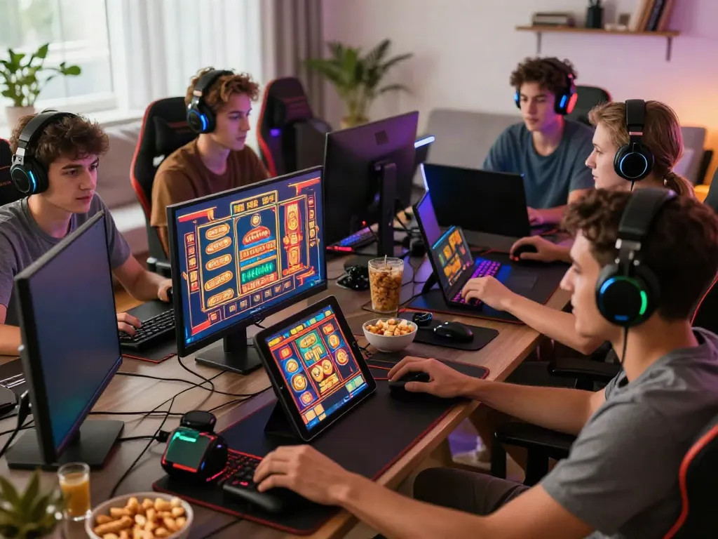 Exciting group of friends enjoying king999 online slot games together in a modern gaming setup.