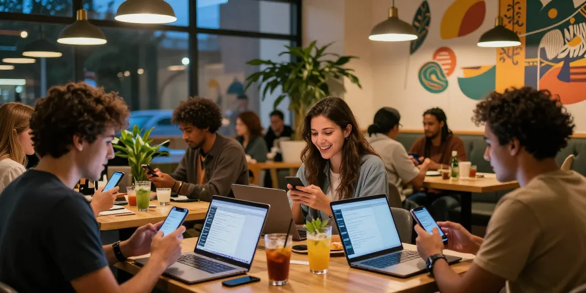 Engaging scene of friends enjoying شات الخليج in a lively café with smartphones and laptops.