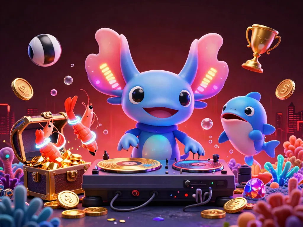 Engage in thrilling sky exchange Cricket betting with vibrant underwater scene showcasing a neon axolotl DJ.