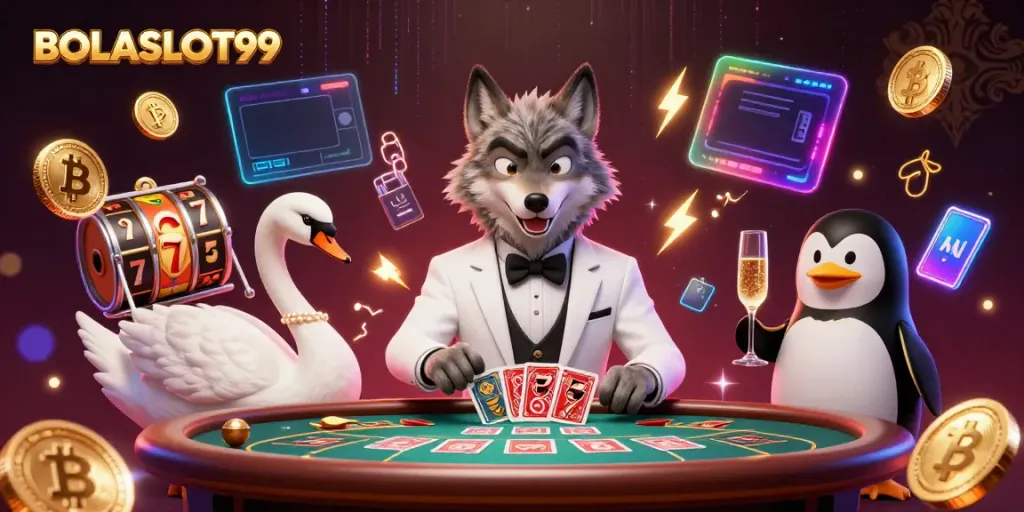 Engage in thrilling slot action at BOLASLOT99 with lively characters and neon-lit casino ambiance.