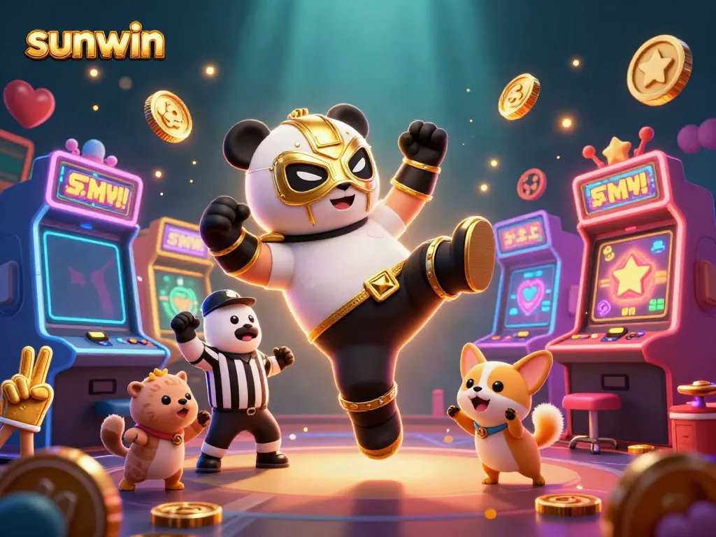 Engage in thrilling gameplay at sunwin with a dynamic scene featuring a wrestler panda and lively casino elements.