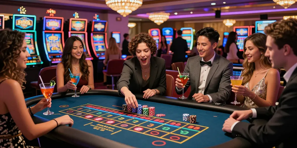 Exciting group of friends enjoying the thrilling atmosphere at KO66 casino.