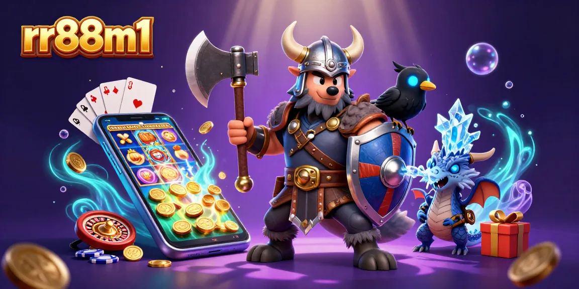 Experience thrilling gameplay at rr88m1 featuring a Viking warrior, dragon, and animated slot games.
