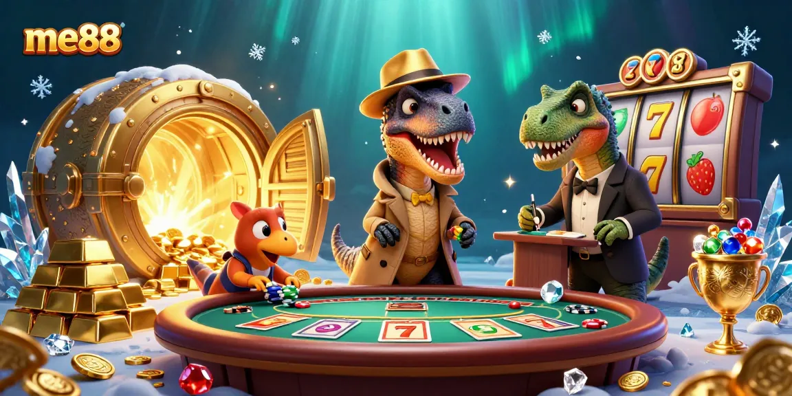 me88 offers an exciting scene with a cartoon velociraptor at a blackjack table amidst gold treasures.