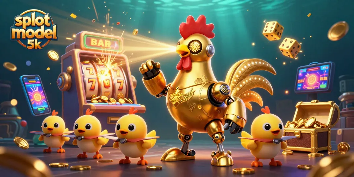 Spin the reels with slot modal 5k, featuring a dynamic golden rooster robot and baby chick drones.