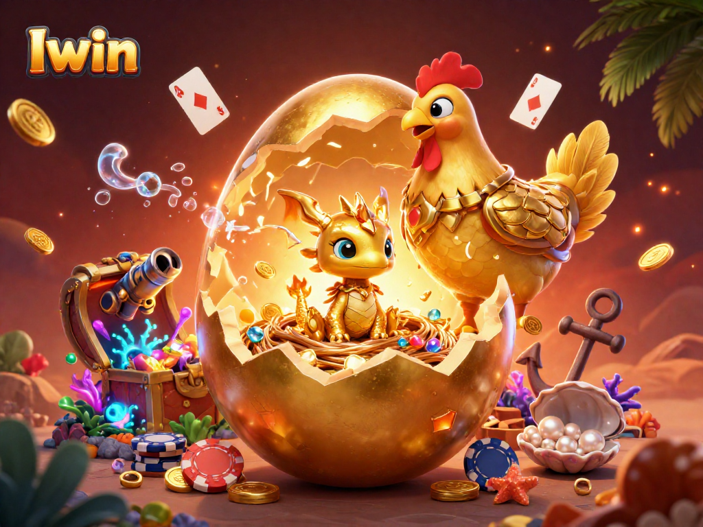 Iwin showcases a vibrant golden dragon amidst poker chips in an exciting casino scene.