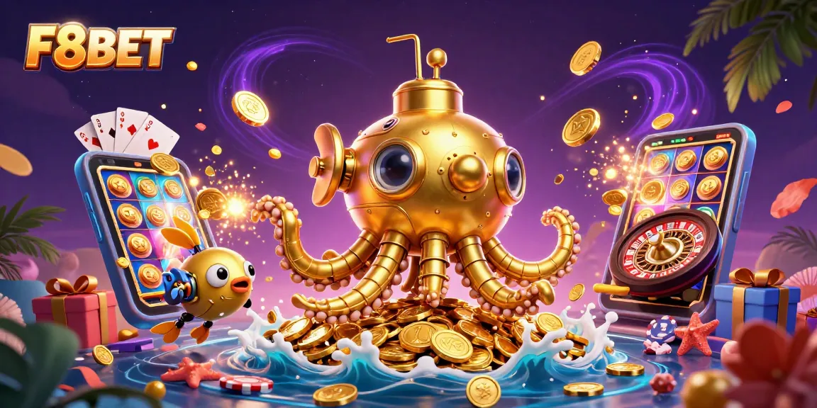 Experience F8BET’s underwater adventure with charming kraken, coins, and vibrant game elements.