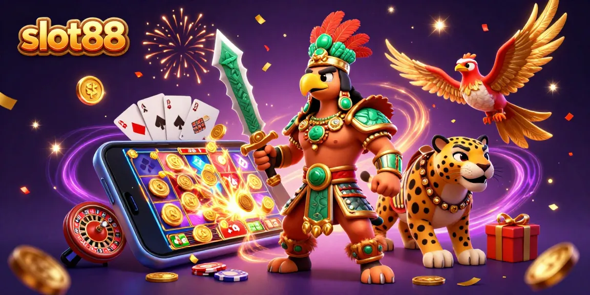 Spin to win with slot88 in an exciting casino scene featuring warriors and vibrant gaming elements.