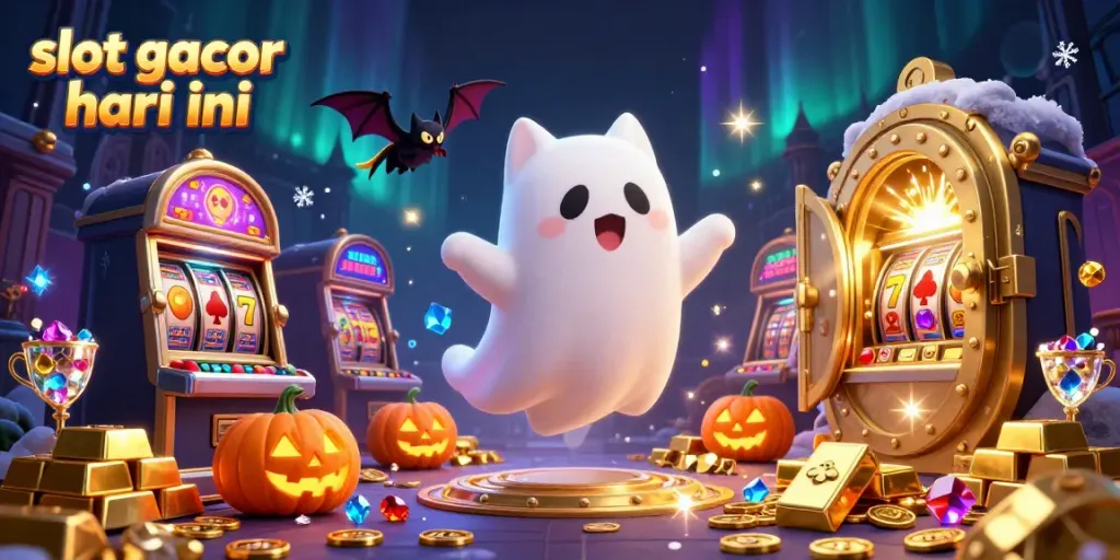 Ilustrasi 3D slot gacor hari ini menunjukkan kucing hantu dan kelelawar di kasino bertema Halloween.