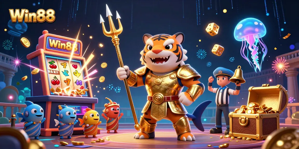 Win88 slot game excitement captured with a tiger shark referee, jackpot details, and vibrant casino elements.