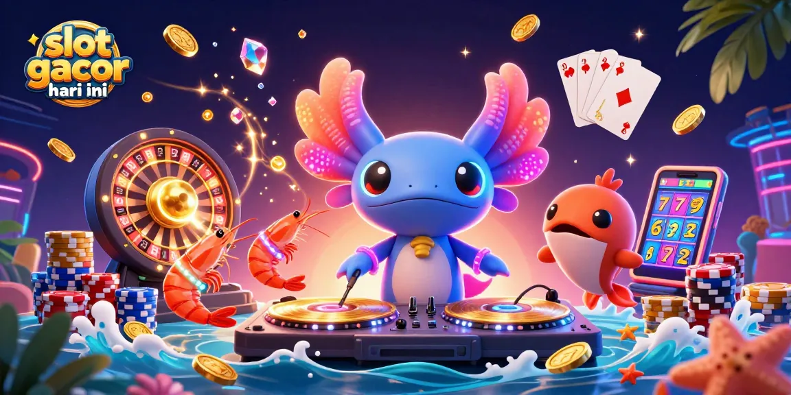 Permainan slot gacor hari ini dengan DJ axolotl neon di dunia bawah laut yang meriah.