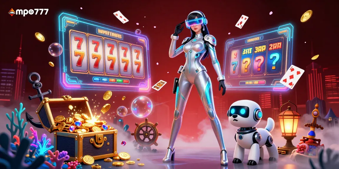 Experience mpo777's vibrant gambling atmosphere with a stunning illustration of a woman and robot accompanying casino elements.