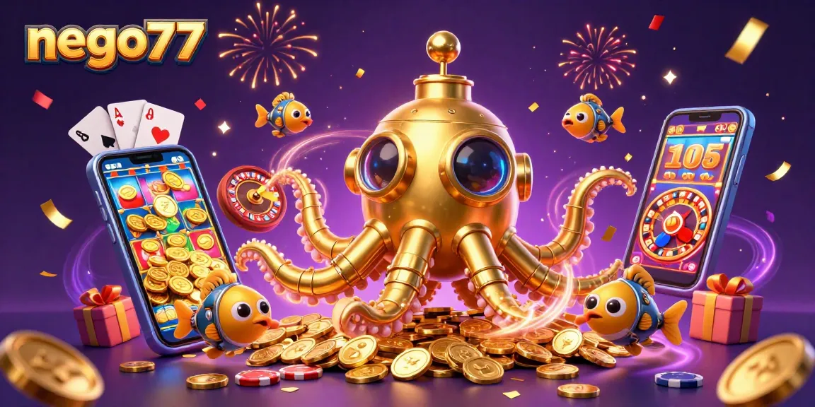 Play engaging slot games on nego77 with a vibrant atmosphere of gold coins and festive elements.