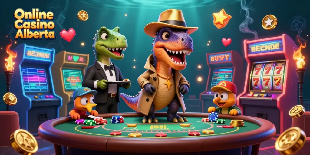 Play exciting games at Online Casino Alberta with a velociraptor card counter and lively characters.