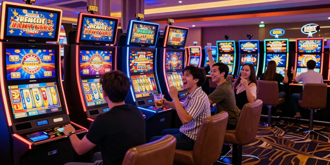 Excited players engaging with slot gacor machines in a vibrant casino gaming scene, showcasing lively interactions and colorful decor.