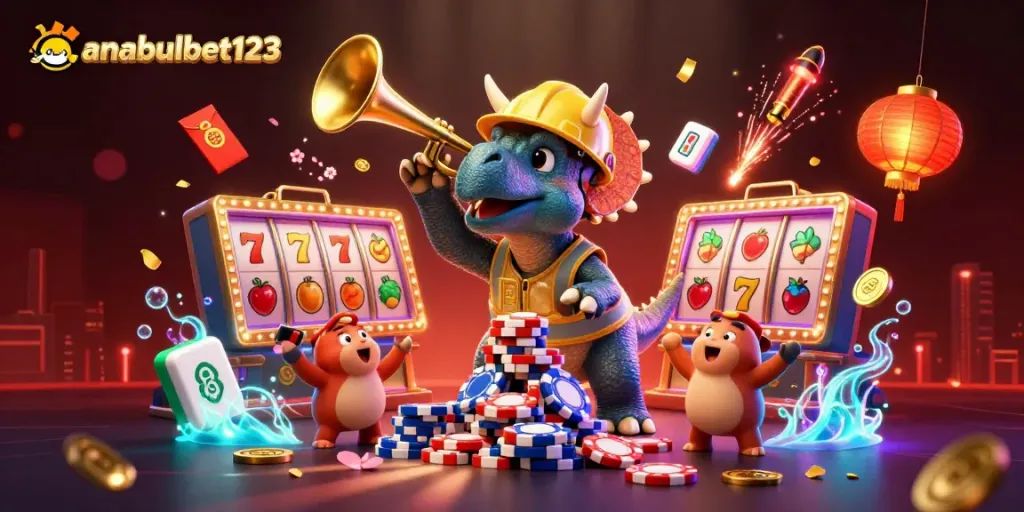 Gambarkan suasana menarik anabulbet123 saat triceratops membangun tumpukan chip poker dengan dukungan crests parasaurolophus di tengah perayaan kasino.