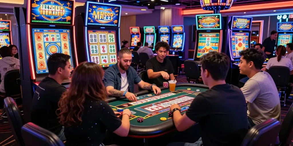 Slot Mahjong yang dimainkan oleh pemain beragam di kasino yang cerah dan ramai.