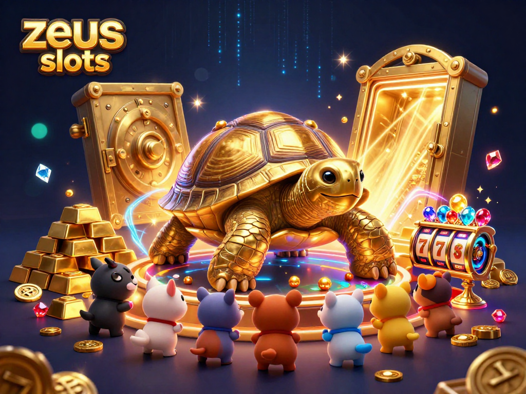 Experience zeus slots with a dynamic scene featuring a golden tortoise, treasure, and engaging slot elements.