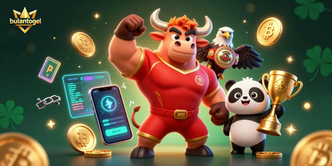 Engage in exciting gameplay at bulantogel, highlighted by a victorious bull mascot and rich crypto elements.