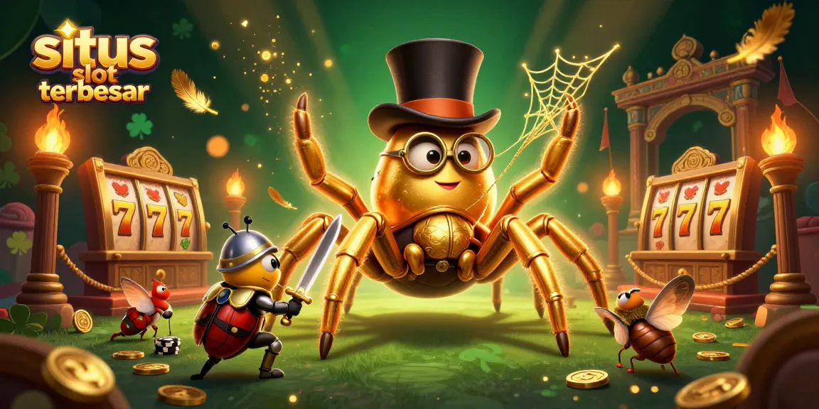 Situs slot terbesar menampilkan tarantula emas raksasa dan ksatria kumbang beraksi di arena permainan.