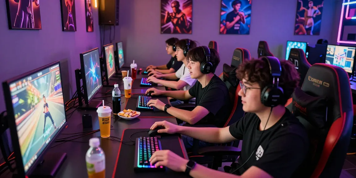 LUCK8 esports gaming competition in lively lounge, friends engaged, vibrant atmosphere.