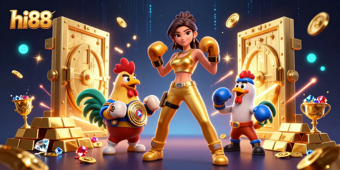 Experience the excitement of gambling at hi88 with a vibrant 3D illustration of a champion woman and rooster.