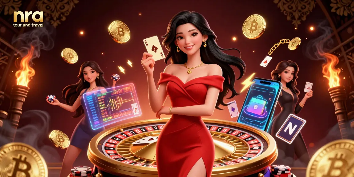 Experience the thrill of nra tour and travel with the elegant character holding a winning playing card.