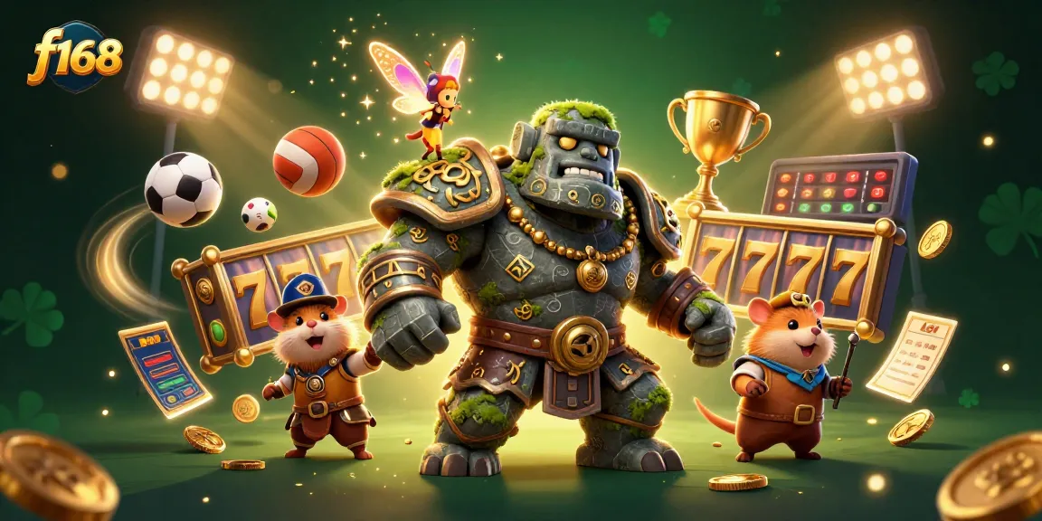 Engage with thrilling f168 slots featuring ancient guardians and magical companions in a vibrant casino illustration.