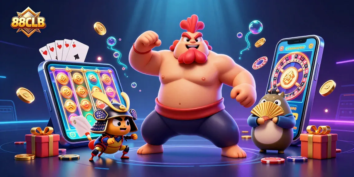 Experience the excitement of 88CLB with a powerful sumo wrestler, samurai cricket, and tanuki announcer in this vibrant casino scene.