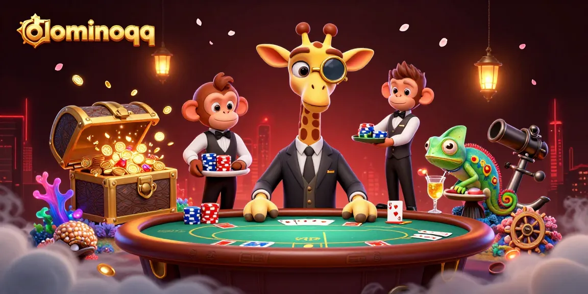 Engage with dominoqq as the high-roller giraffe deals cards on a vibrant poker table surrounded by lively game elements.