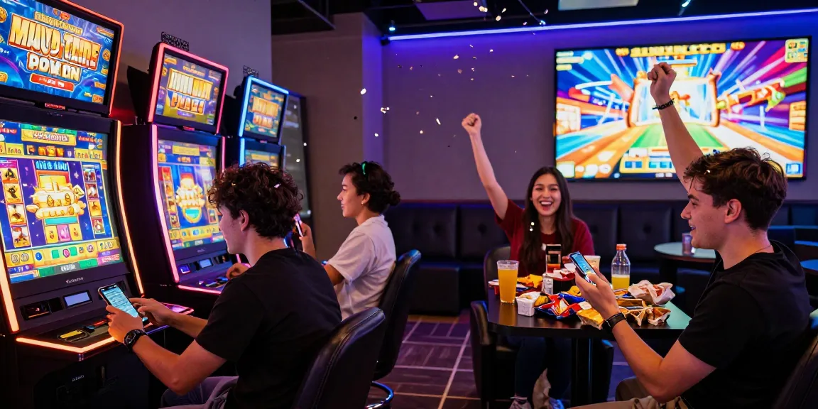 Friends enjoying gaming together while playing slot machines with deposit tanpa minimal in a vibrant lounge setting.