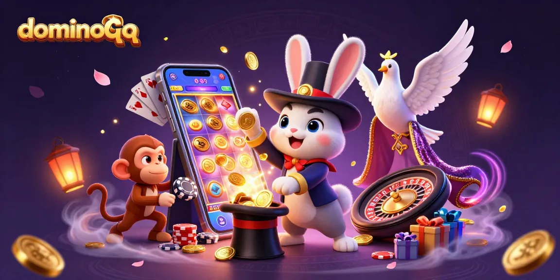 Join the excitement of dominoqq as a magician rabbit pulls golden coins from a hat in this vibrant casino scene.