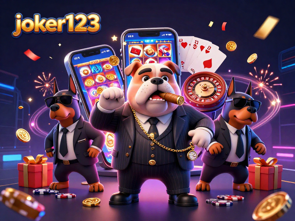 Mendapatkan jackpot joker123 dengan bulldog mafia dan chip poker tersebar di sekitar smartphone 3D.