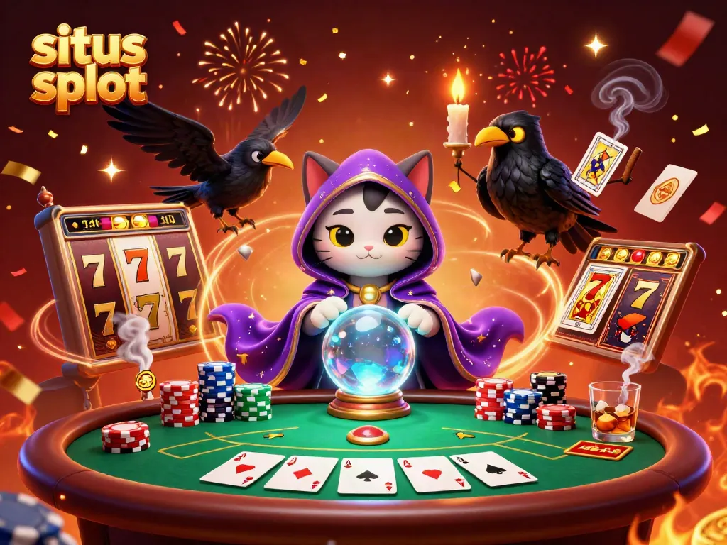 Menangkan permainan situs slot dengan ilustrasi 3D mewah yang menampilkan karakter kartun kucing peramal dan elemen kasino.