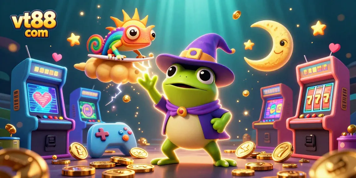 Experience excitement at vt88 com with a vibrant 3D casino illustration showcasing magical characters amidst a whirlwind of coins and gaming elements.