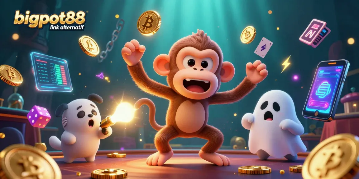The bigpot88 link alternatif scene features a playful poltergeist monkey and a ghost-hunter puppy exploring a haunted casino filled with gold coins and glowing crypto items.