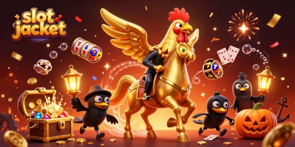 Engaging scene of a slot jackpot celebration featuring a golden rooster, colorful gems, and dynamic casino elements.