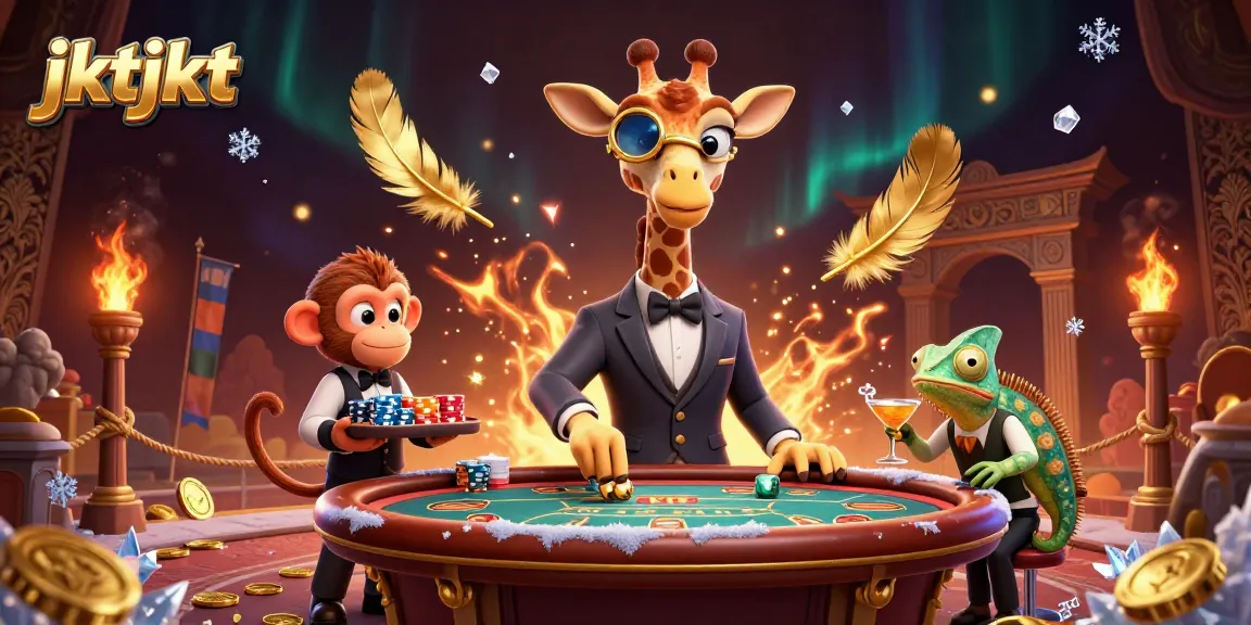 Permainan jktjkt yang seru dalam ilustrasi 3D dengan jerapah bergaya, valet monyet dan bartender bunglon.