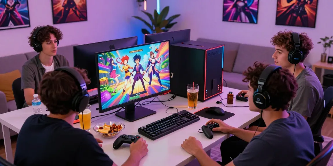 Engaging scene of friends playing a hentai game online in a vibrant gaming setup