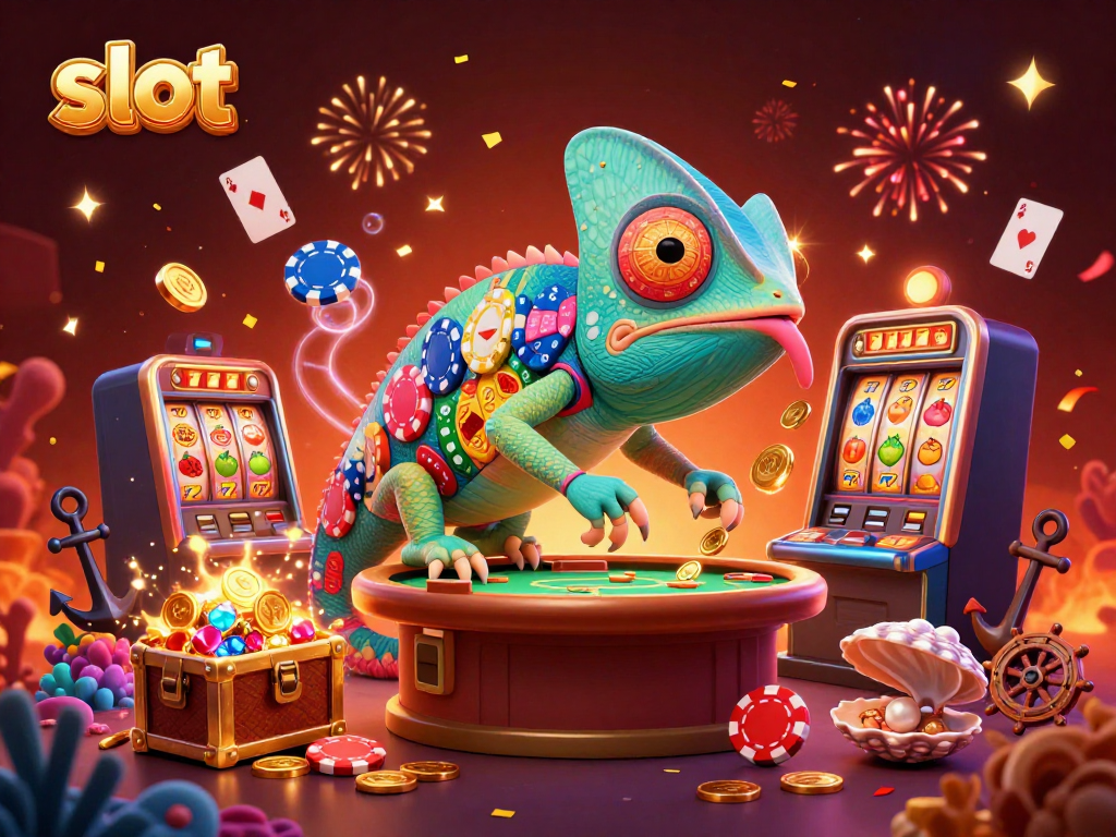 Slot machine scene with a chameleon casino owner dynamically interacting with colorful gaming elements.