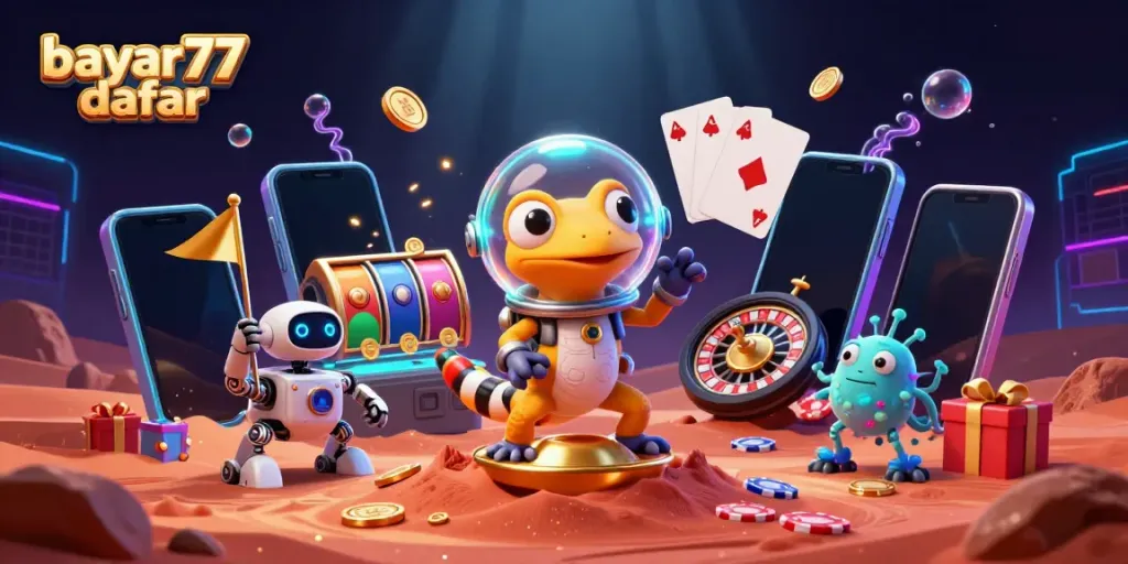 Winning at bayar77 daftar with a Martian gecko discovering a golden casino amidst vibrant action.
