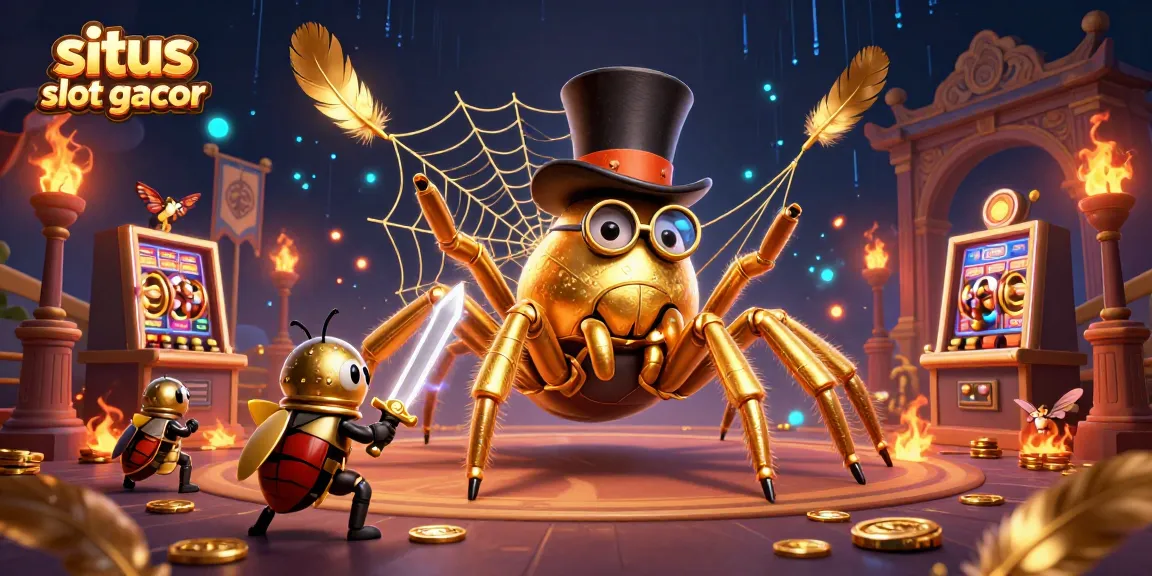 Engage with situs slot gacor in an ultra-detailed casino scene featuring a golden tarantula and beetle knight.
