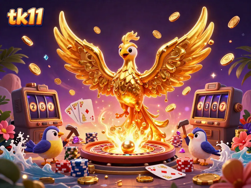 Experience the allure of tk11 with a molten phoenix dispersing gold, set against a vibrant casino backdrop.