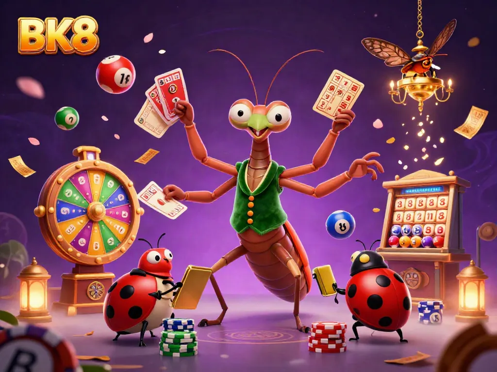 Experience the thrill of BK8 with a vibrant 3D illustration showcasing a giant mantis card sharp, dynamic game elements, and a ladybug pit boss.