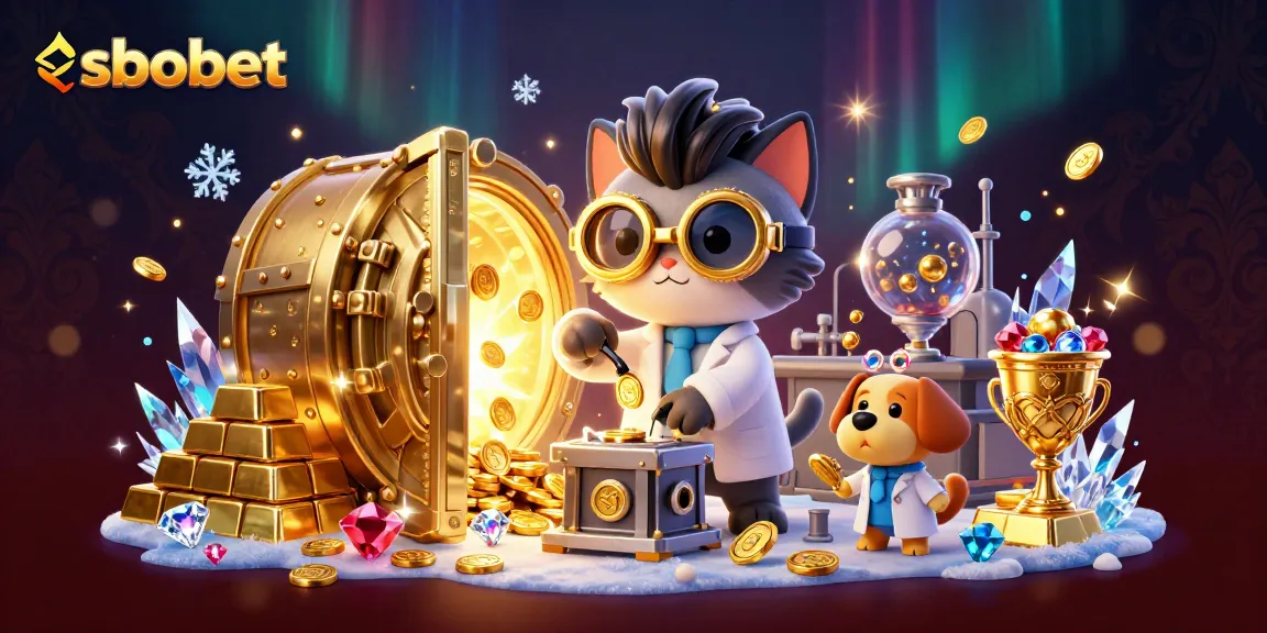 Experience sbobet with a mad scientist cat creating gold-coin magic in a vibrant casino scene.