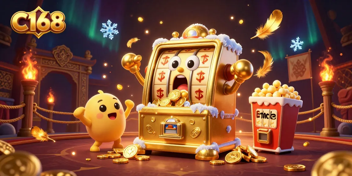C168 slot machine celebrates jackpot wins with coins spilling out and cheering side characters